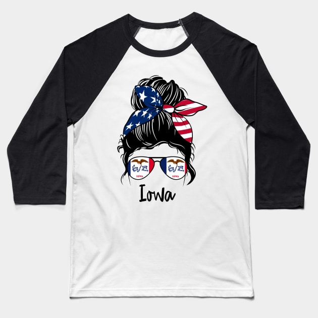 Iowa girl Messy bun , American Girl , Iowa Flag Baseball T-Shirt by JayD World